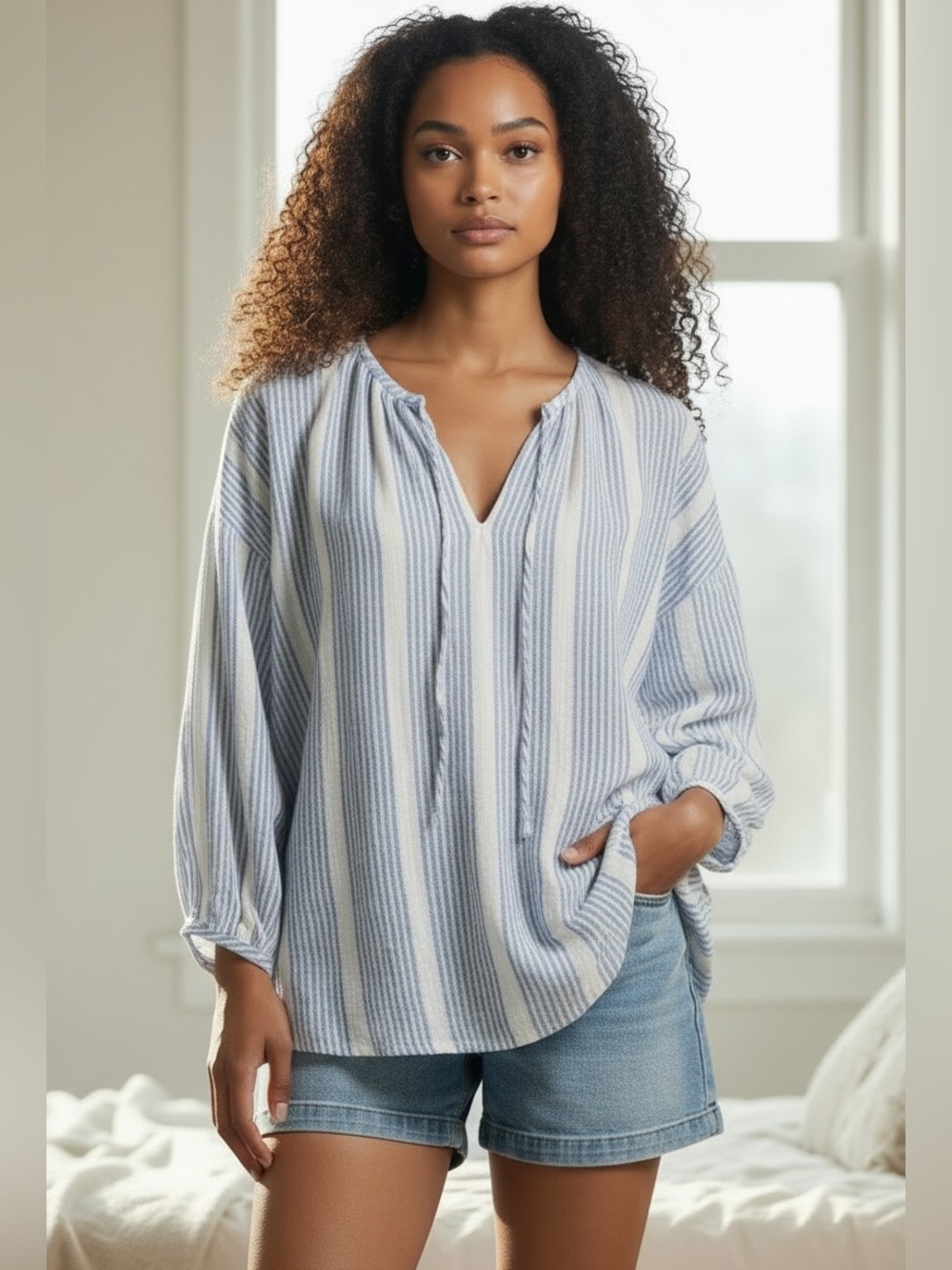 Rails Finn Levanto Stripe Blue White Striped Tie Neck Long Sleeve Blouse Large
